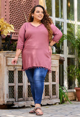 Plus Size Rusty Pink Pom Pom Rayon Short Kurta