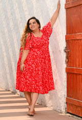 Plus Size Red Floral Rayon Cold Shoulder Dress
