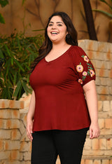 Plus Size Rust Embroidered Rayon Top