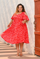 Plus Size Red Floral Rayon Cold Shoulder Dress
