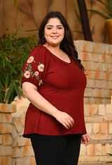 Plus Size Rust Embroidered Rayon Top