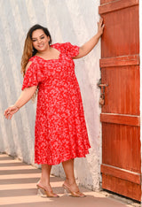 Plus Size Red Floral Rayon Cold Shoulder Dress