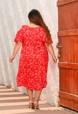 Plus Size Red Floral Rayon Cold Shoulder Dress