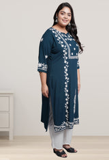 Plus Size Poetic Teal Embroidered Kurta Pant Set with Dupatta