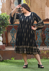 Plus Size Black Gold Printed Flared Sleeves Rayon Dress
