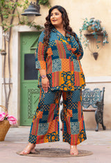 Plus Size Teal Abstract Pure Chinon Co-ord Set