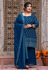 Plus Size Glorious Teal Embroidered Sharara Set with Dupatta