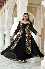 Plus Size Celestial Charm Black Embroidered Cape Anarkali