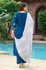 Plus Size Handcrafted Teal Blue Aari Embroidery Kurta Set with Dupatta