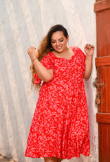 Plus Size Red Floral Rayon Cold Shoulder Dress