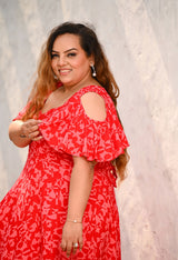 Plus Size Red Floral Rayon Cold Shoulder Dress