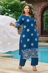 Plus Size Handcrafted Teal Blue Aari Embroidery Kurta Set with Dupatta