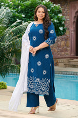 Plus Size Handcrafted Teal Blue Aari Embroidery Kurta Set with Dupatta