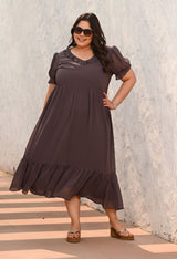 Plus Size Mocha Ruffle Puff-Sleeve Dress