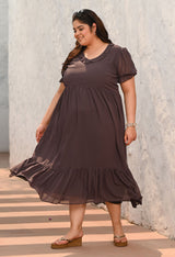 Plus Size Mocha Ruffle Puff-Sleeve Dress