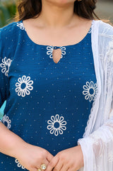 Plus Size Handcrafted Teal Blue Aari Embroidery Kurta Set with Dupatta