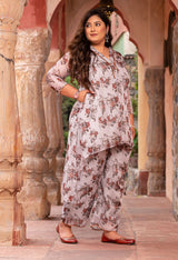 Plus Size Serene Beige Floral Sequin Lace Co-ord Set