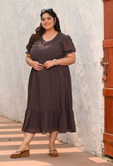 Plus Size Mocha Ruffle Puff-Sleeve Dress
