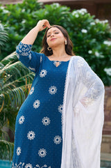 Plus Size Handcrafted Teal Blue Aari Embroidery Kurta Set with Dupatta