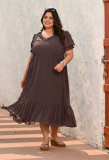 Plus Size Mocha Ruffle Puff-Sleeve Dress