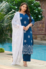 Plus Size Handcrafted Teal Blue Aari Embroidery Kurta Set with Dupatta