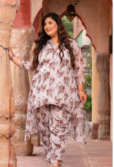 Plus Size Serene Beige Floral Sequin Lace Co-ord Set