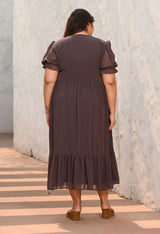 Plus Size Mocha Ruffle Puff-Sleeve Dress