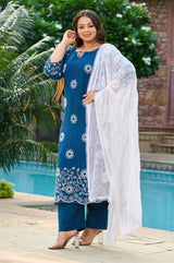 Plus Size Handcrafted Teal Blue Aari Embroidery Kurta Set with Dupatta
