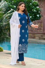 Plus Size Handcrafted Teal Blue Aari Embroidery Kurta Set with Dupatta