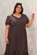 Plus Size Mocha Ruffle Puff-Sleeve Dress