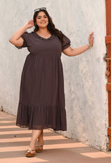 Plus Size Mocha Ruffle Puff-Sleeve Dress