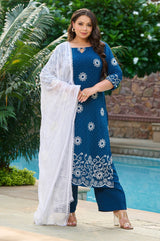 Plus Size Handcrafted Teal Blue Aari Embroidery Kurta Set with Dupatta