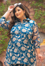 Plus Size Teal Beige Floral Organza Co-ord Set