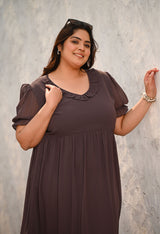 Plus Size Mocha Ruffle Puff-Sleeve Dress