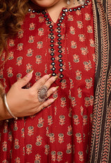 Plus Size Bright Maroon Pure Cotton Jaipuri Anarkali with Dupatta