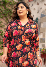 Plus Size Black Floral Pure Chinon Wrap Co-ord Set