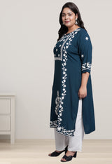 Plus Size Poetic Teal Embroidered Kurta Pant Set with Dupatta