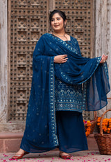 Plus Size Glorious Teal Embroidered Sharara Set with Dupatta