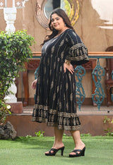Plus Size Black Gold Printed Flared Sleeves Rayon Dress