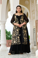 Plus Size Celestial Charm Black Embroidered Cape Anarkali