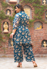 Plus Size Teal Beige Floral Organza Co-ord Set
