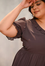 Plus Size Mocha Ruffle Puff-Sleeve Dress