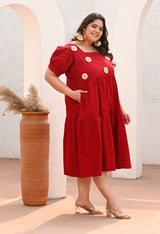 Plus Size Crimson Maroon Bloom Appliqué Sunflower Dress