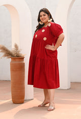 Plus Size Crimson Maroon Bloom Appliqué Sunflower Dress
