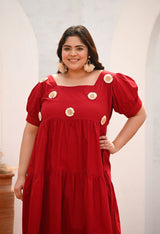 Plus Size Crimson Maroon Bloom Appliqué Sunflower Dress