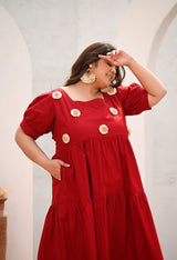 Plus Size Crimson Maroon Bloom Appliqué Sunflower Dress