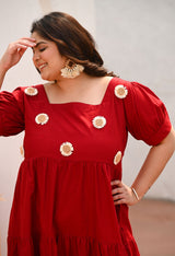 Plus Size Crimson Maroon Bloom Appliqué Sunflower Dress