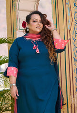 Plus Size Teal Blue Siroski Rayon Kurta Set with Double Dyed Dupatta