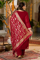 Plus Size Crimson Charm Festive Suit with Golden Accents