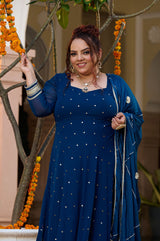 Plus Size Enchanted Elegance Teal Mukaish Anarkali with Dupatta